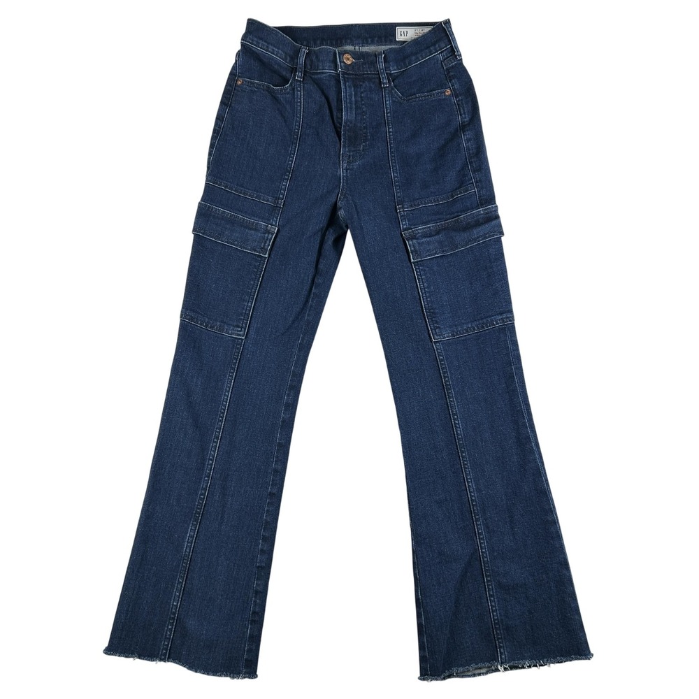 Gap Jeans Womens 4 Blue 70s Flare High Rise Cargo Pockets Raw Hem Retro‎ Style